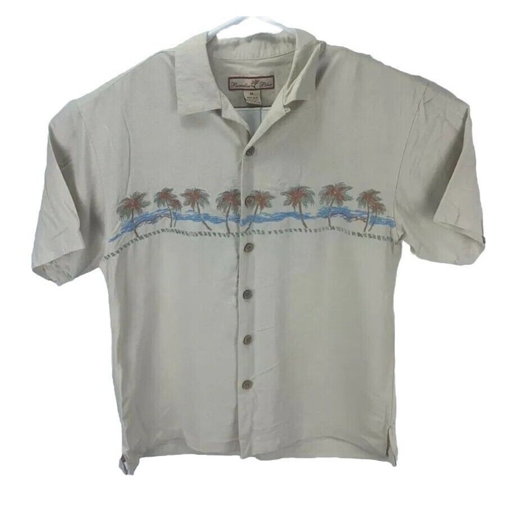 Paradise Blue Hawaii  Tan Tropical Aloha Palm Trees Shirt Men's Size Medium